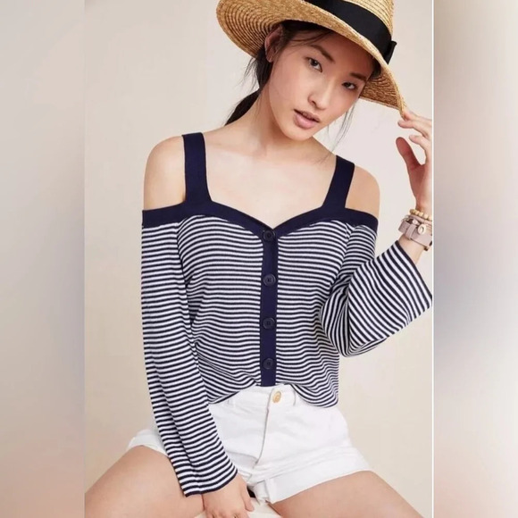 Anthropologie Krissy Striped Cold Shoulder Cardigan Navy - Picture 1 of 8